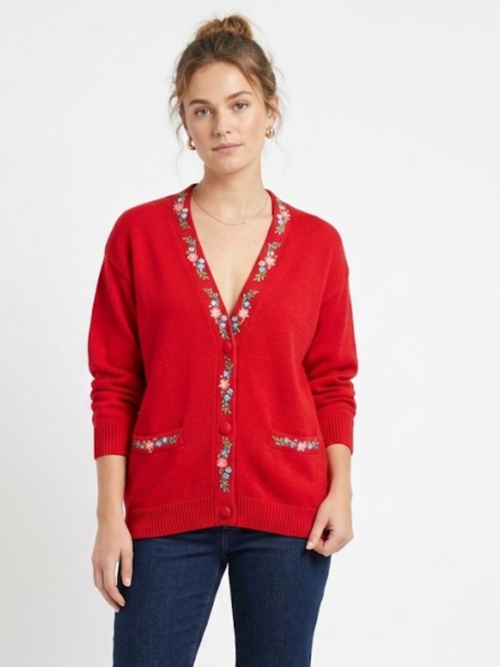 Red Floral Cardigan | Cottagecore Embroidery Ramie Cotton Knit Grandma Core